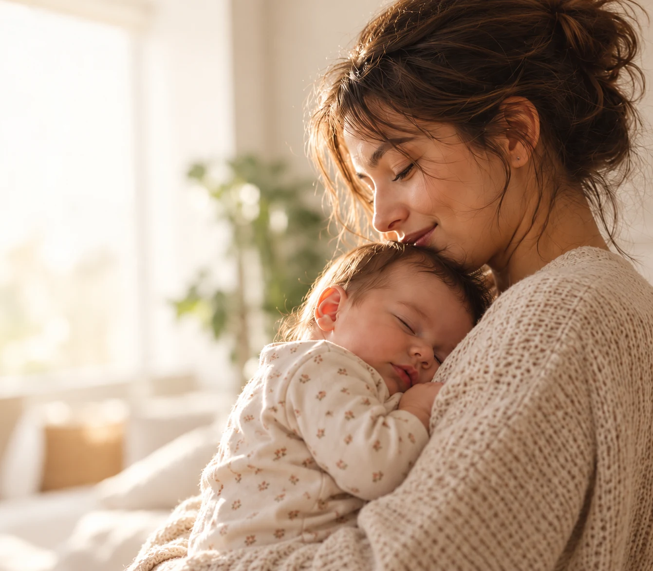A mother gently holding her sleeping baby