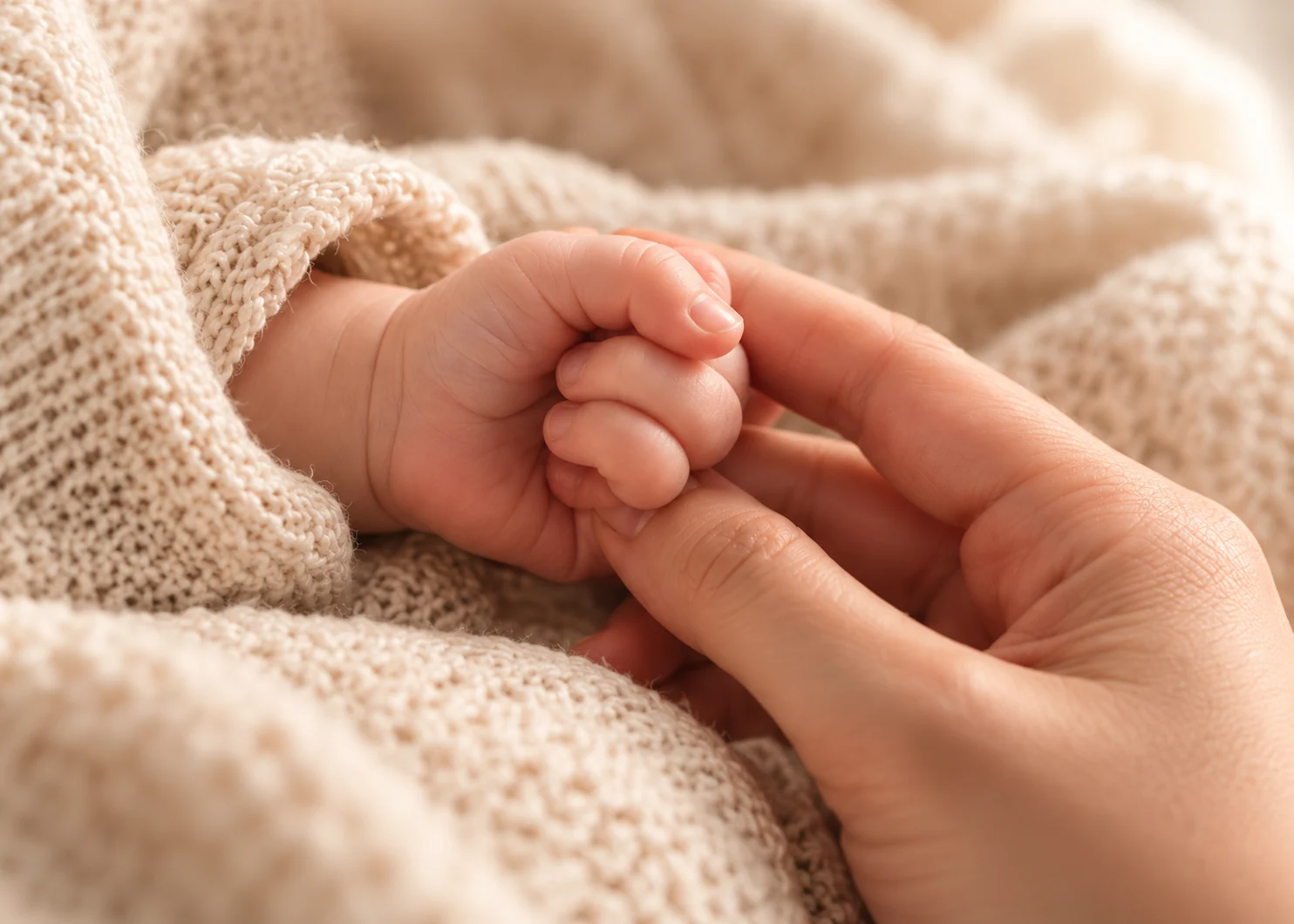 A tiny baby hand holding a parent’s finger